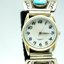 Load image into Gallery viewer, Navajo Sterling Silver Watch with Turquoise and Mother of Pearl Face – Handcrafted Sterling Silver