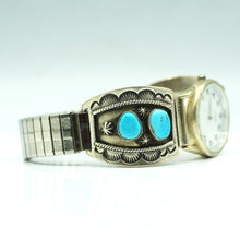 Load image into Gallery viewer, Navajo Sterling Silver Watch with Turquoise and Mother of Pearl Face – Handcrafted Sterling Silver