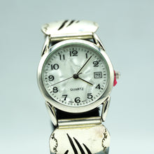 Load image into Gallery viewer, Navajo Sterling Silver Bear Paw Watch with Turquoise and Mother of Pearl Face – Handcrafted Sterling Silver