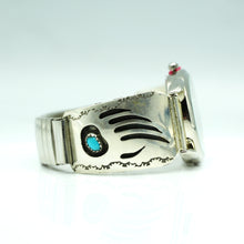 Load image into Gallery viewer, Navajo Sterling Silver Bear Paw Watch with Turquoise and Mother of Pearl Face – Handcrafted Sterling Silver