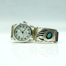 Load image into Gallery viewer, Navajo Sterling Silver Bear Paw Watch with Turquoise and Mother of Pearl Face – Handcrafted Sterling Silver