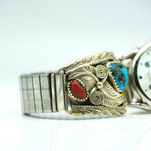 Load image into Gallery viewer, Navajo Sterling Silver Watch with Mother of Pearl Face, Turquoise and Coral – Handcrafted Sterling Silver