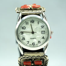 Load image into Gallery viewer, Navajo Sterling Silver Watch with Mother of Pearl Face and Coral – Handcrafted Sterling Silver