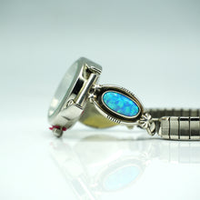 Load image into Gallery viewer, Navajo Sterling Silver Watch with Mother of Pearl Face and synthesized opal  – Handcrafted Sterling Silver