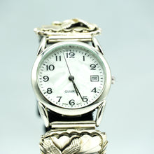 Load image into Gallery viewer, Navajo Sterling Kokopelli Silver Watch with Mother of Pearl Face – HandcraftedSterling Silver