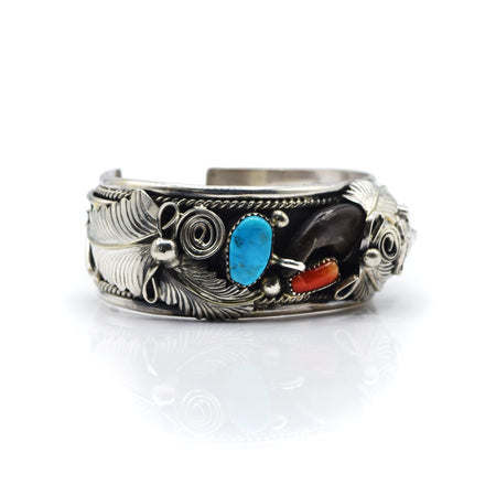 Navajo 925 Silver Bear Claw Bracelet with Turquoise and Coral