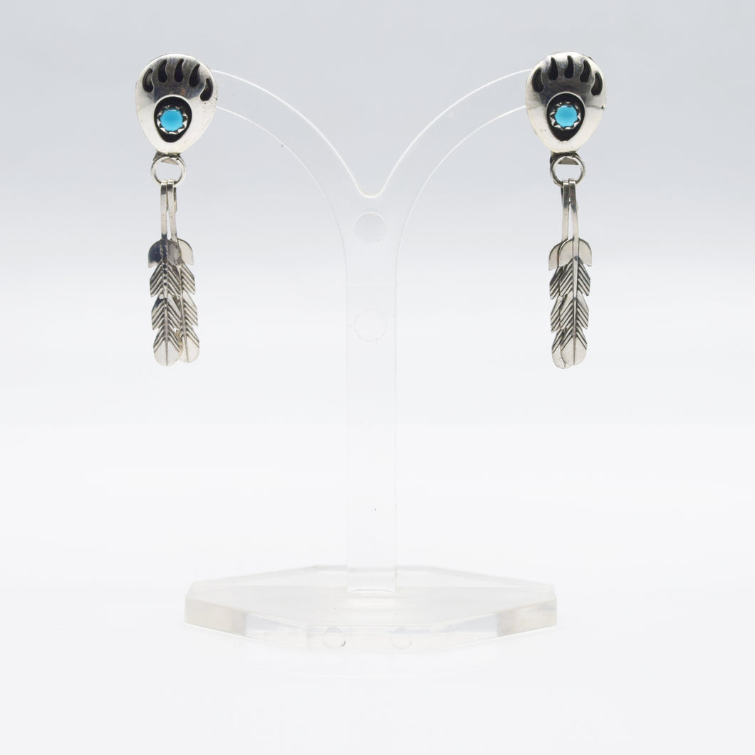 Navajo Bear Paw and feathers earrings in Sterling Silver