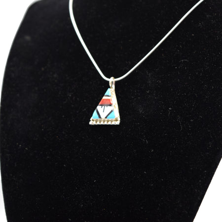Zuni Channel Inlay Pendant – Sterling Silver with Turquoise, Coral, Mother of Pearl & Onyx