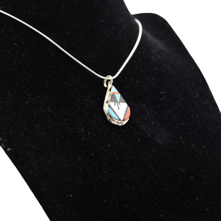 Zuni Channel Inlay Pendant – Sterling Silver with Turquoise, Coral, Mother of Pearl & Onyx