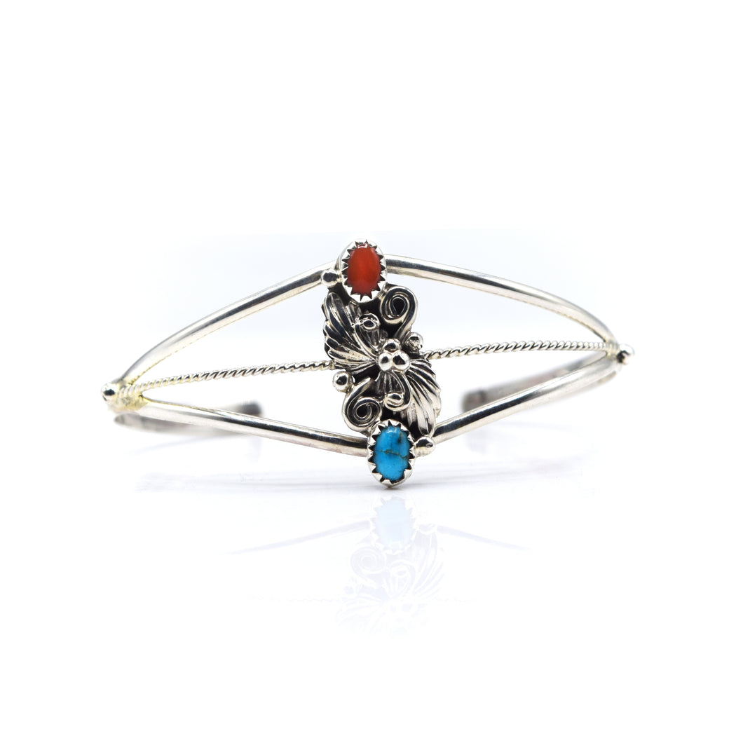 Navajo Bracelet with Turquoise and Coral in Sterling Silver