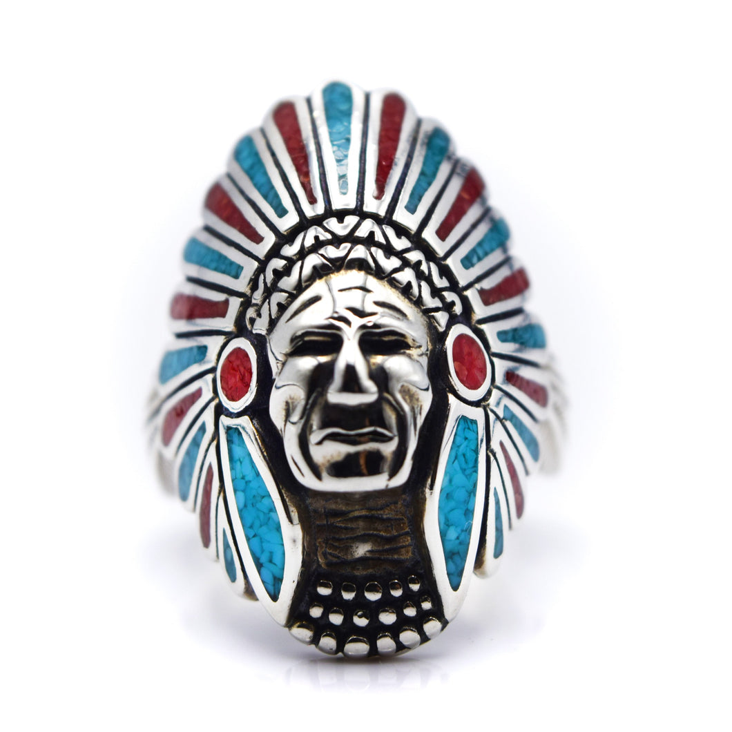 Navajo, 925 Silver Turquoise and Coral Channeled Inlay Indian Chief Ring