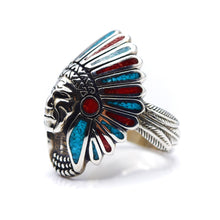 Load image into Gallery viewer, Navajo, 925 Silver Turquoise and Coral Channeled Inlay Indian Chief Ring
