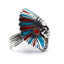 Load image into Gallery viewer, Navajo, 925 Silver Turquoise and Coral Channeled Inlay Indian Chief Ring
