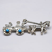 Load image into Gallery viewer, Navajo, 925 Silver Turquoise Wagon and Horse Brooch
