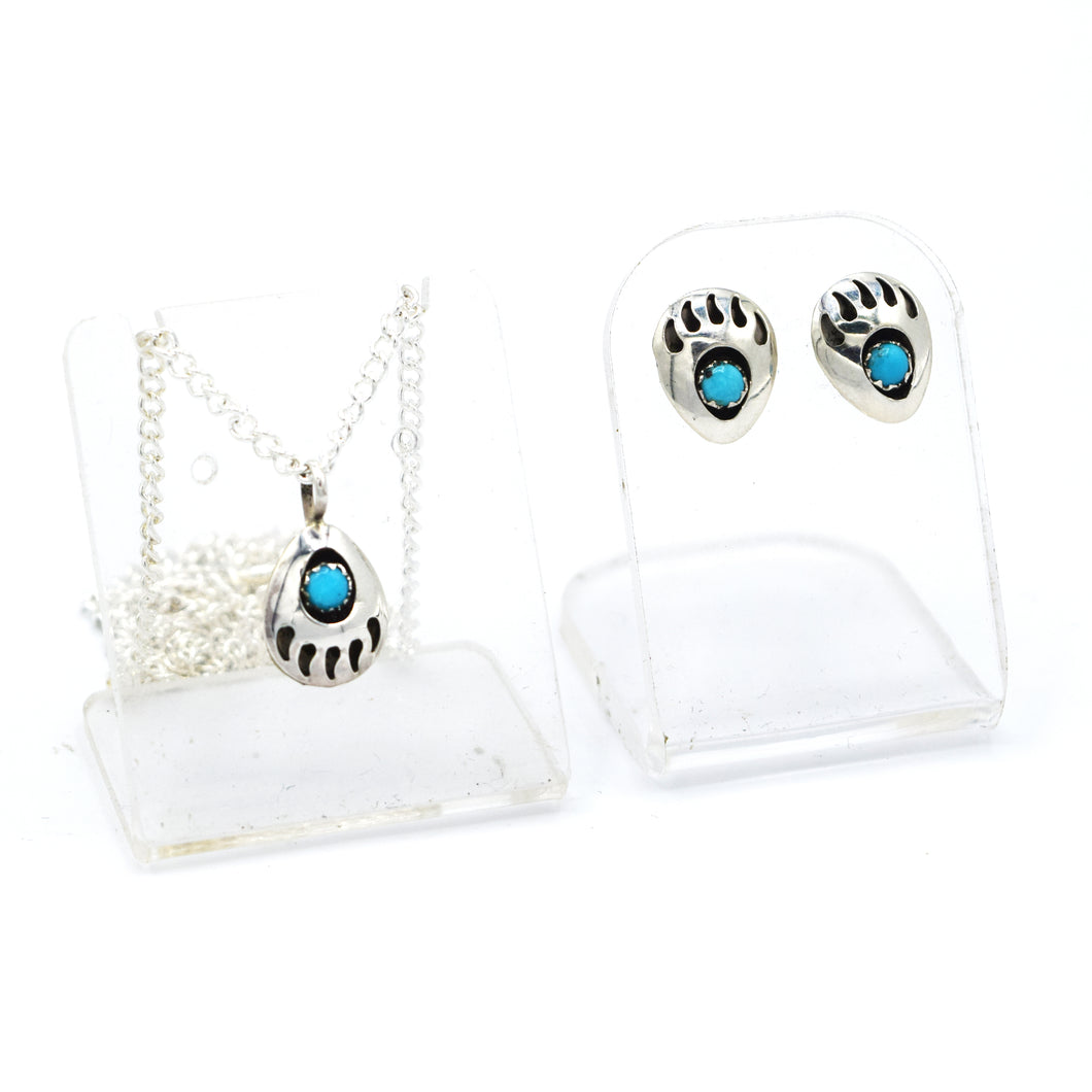 Navajo Bear Claw Turquoise Set (Earrings and Necklace) in Sterling Silver