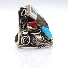 Load image into Gallery viewer, Navajo 925 Silver Bear Claw Ring with Turquoise and Coral