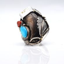 Load image into Gallery viewer, Navajo 925 Silver Bear Claw Ring with Turquoise and Coral