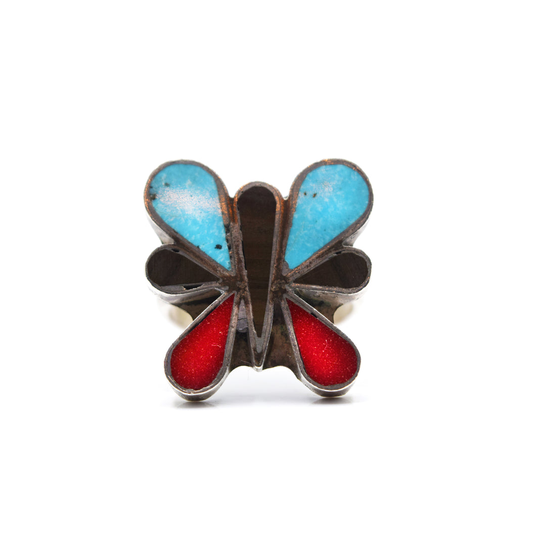 Navajo Butterfly Vintage Ring with Onyx, Turquoise and Coral in 925 Silver