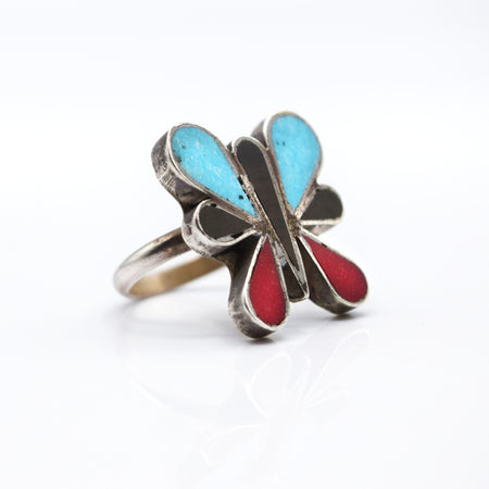 Navajo Butterfly Vintage Ring with Onyx, Turquoise and Coral in 925 Silver