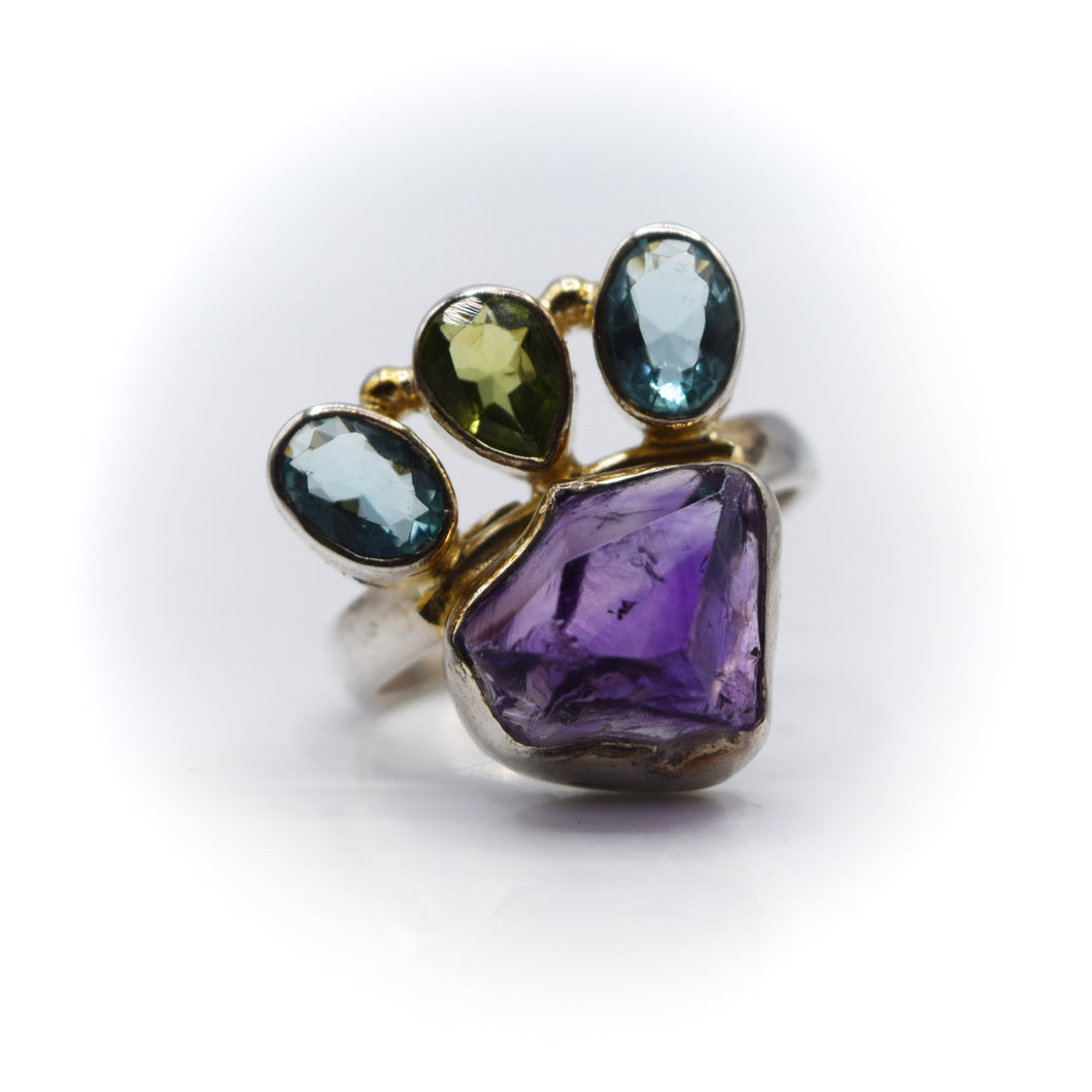 Amethyst, Peridot and Topaz Ring in 925 Silver