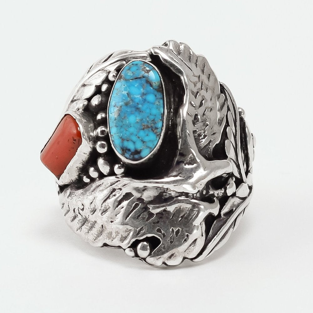 Navajo, Silver, Turquoise and Coral Eagle Ring