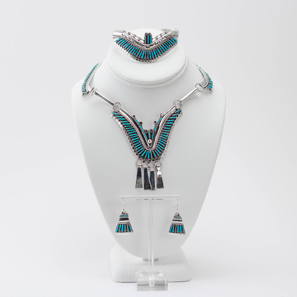 Zuni 925 Silver and Turquoise Needlepoint Jewellery Set