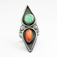 Load image into Gallery viewer, Navajo 925 Silver Overlay Vintage Turquoise &amp; Coral Ring
