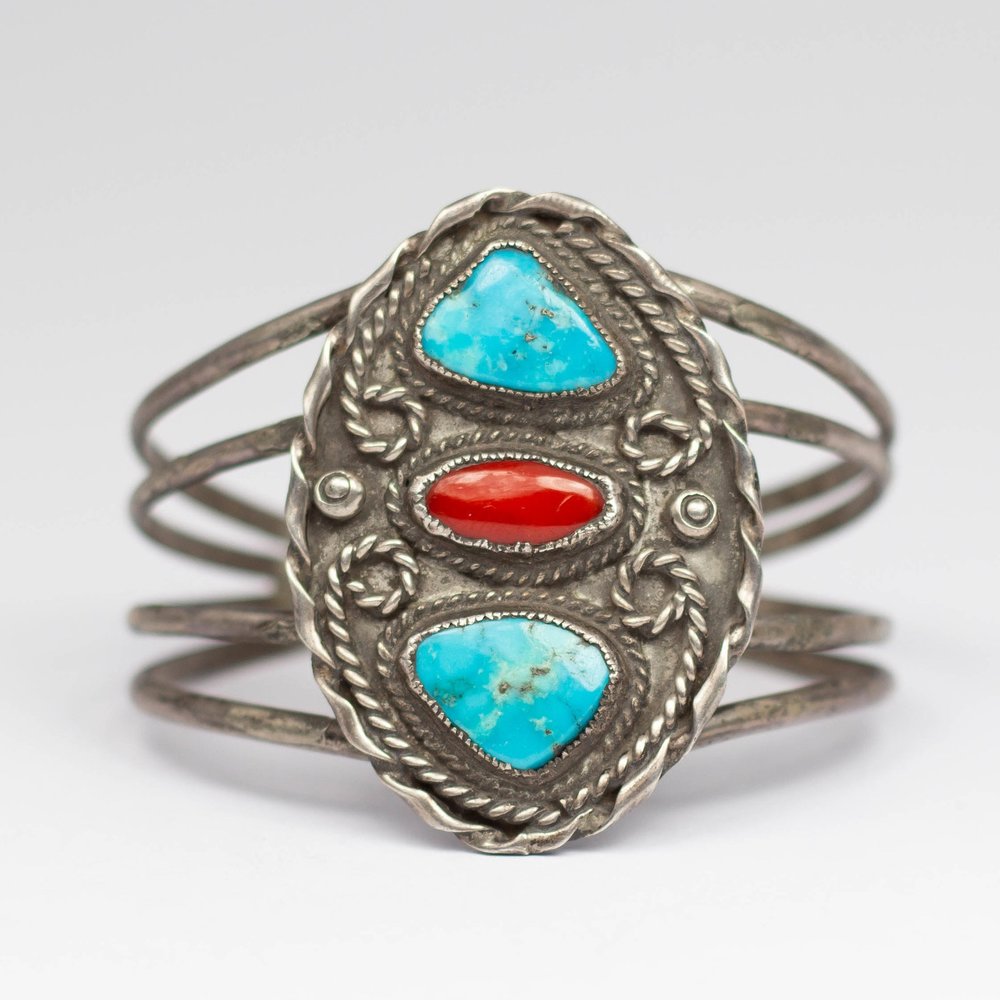 Navajo 925 Silver Overlay Vintage Multi Stone Turquoise & Coral Bracelet