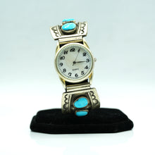 Load image into Gallery viewer, Navajo Sterling Silver Watch with Turquoise and Mother of Pearl Face – Handcrafted Sterling Silver
