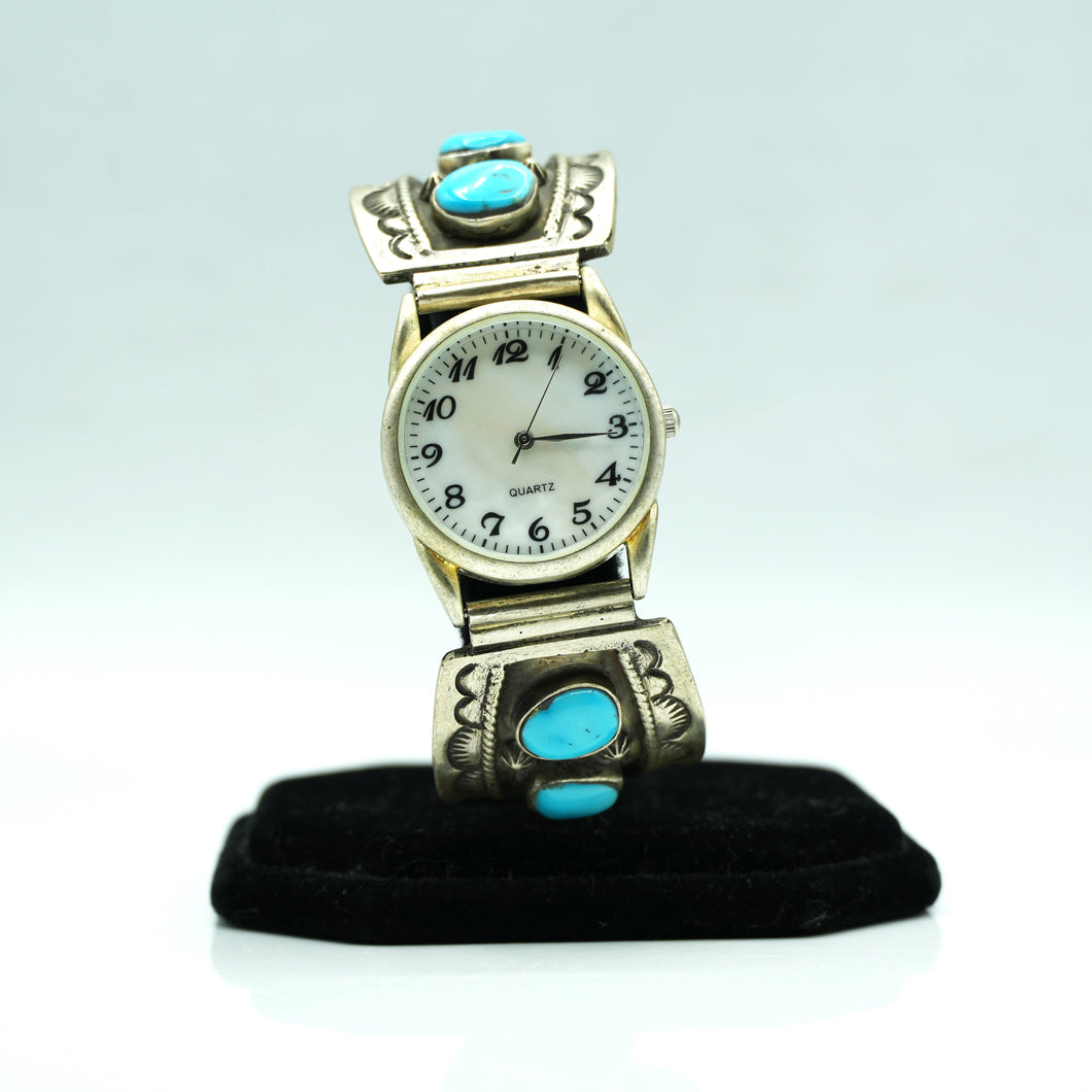 Navajo Sterling Silver Watch with Turquoise and Mother of Pearl Face – Handcrafted Sterling Silver