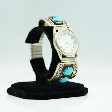 Navajo Sterling Silver Watch with Turquoise and Mother of Pearl Face – Handcrafted Sterling Silver