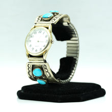 Load image into Gallery viewer, Navajo Sterling Silver Watch with Turquoise and Mother of Pearl Face – Handcrafted Sterling Silver

