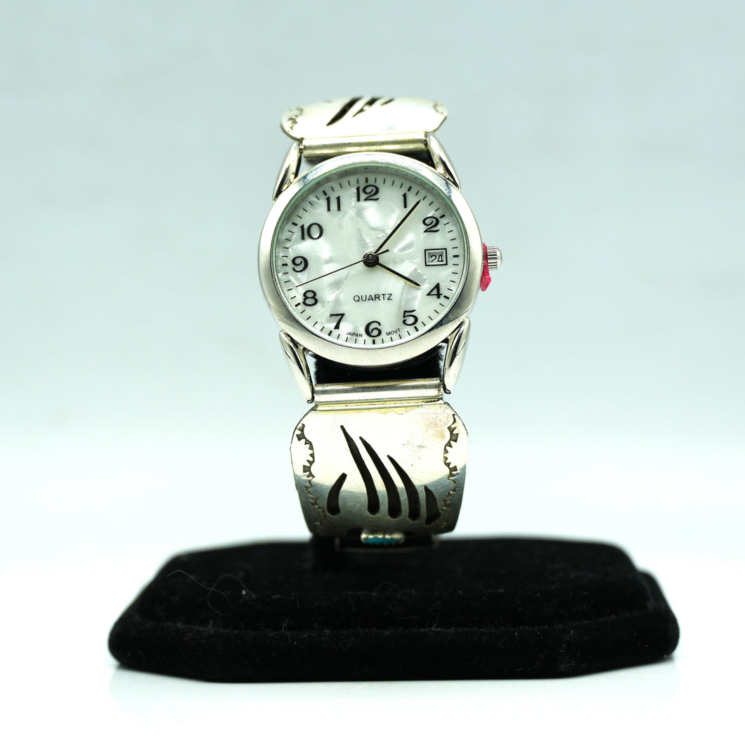 Navajo Sterling Silver Bear Paw Watch with Turquoise and Mother of Pearl Face – Handcrafted Sterling Silver