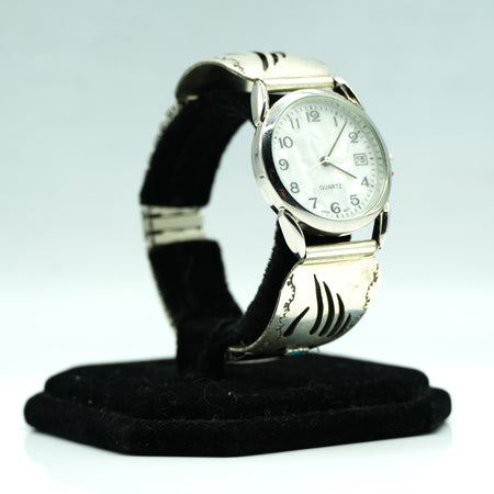 Navajo Sterling Silver Bear Paw Watch with Turquoise and Mother of Pearl Face – Handcrafted Sterling Silver