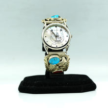 Load image into Gallery viewer, Navajo Sterling Silver Watch with Mother of Pearl Face, Turquoise and Coral – Handcrafted Sterling Silver
