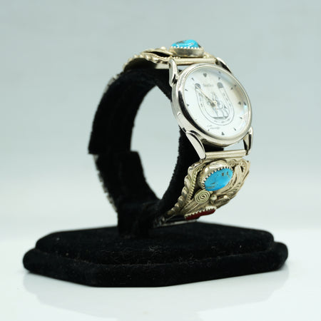 Navajo Sterling Silver Watch with Mother of Pearl Face, Turquoise and Coral – Handcrafted Sterling Silver