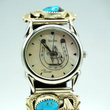 Load image into Gallery viewer, Navajo Sterling Silver Watch with Mother of Pearl Face, Turquoise and Coral – Handcrafted Sterling Silver
