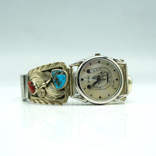 Load image into Gallery viewer, Navajo Sterling Silver Watch with Mother of Pearl Face, Turquoise and Coral – Handcrafted Sterling Silver
