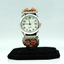 Load image into Gallery viewer, Navajo Sterling Silver Watch with Mother of Pearl Face and Coral – Handcrafted Sterling Silver
