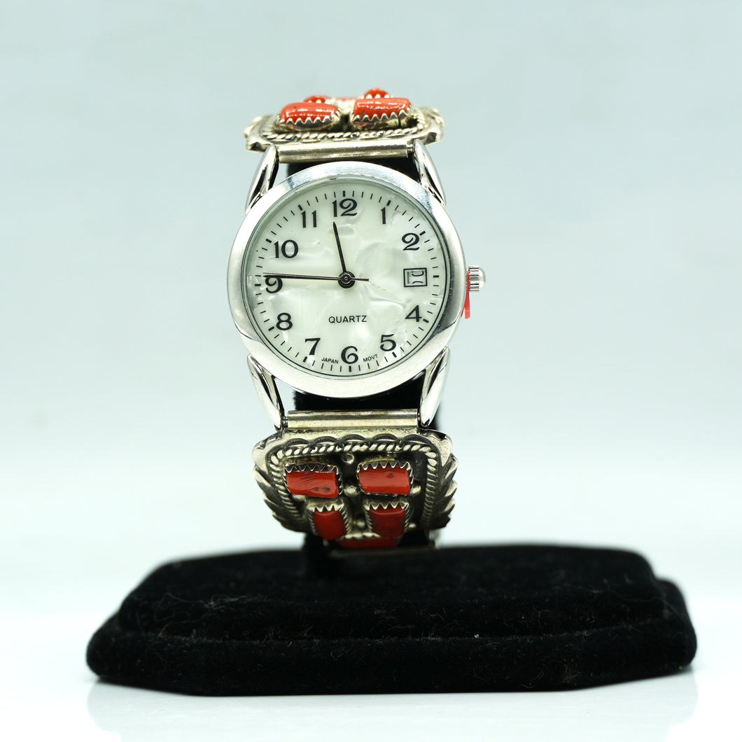 Navajo Sterling Silver Watch with Mother of Pearl Face and Coral – Handcrafted Sterling Silver