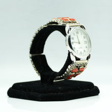 Load image into Gallery viewer, Navajo Sterling Silver Watch with Mother of Pearl Face and Coral – Handcrafted Sterling Silver
