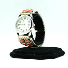 Load image into Gallery viewer, Navajo Sterling Silver Watch with Mother of Pearl Face and Coral – Handcrafted Sterling Silver

