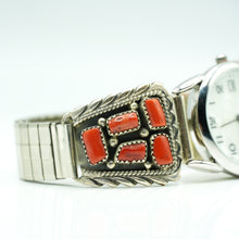 Load image into Gallery viewer, Navajo Sterling Silver Watch with Mother of Pearl Face and Coral – Handcrafted Sterling Silver

