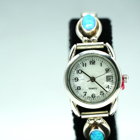 Navajo Sterling Silver Watch with Mother of Pearl Face and synthesized opal  – Handcrafted Sterling Silver