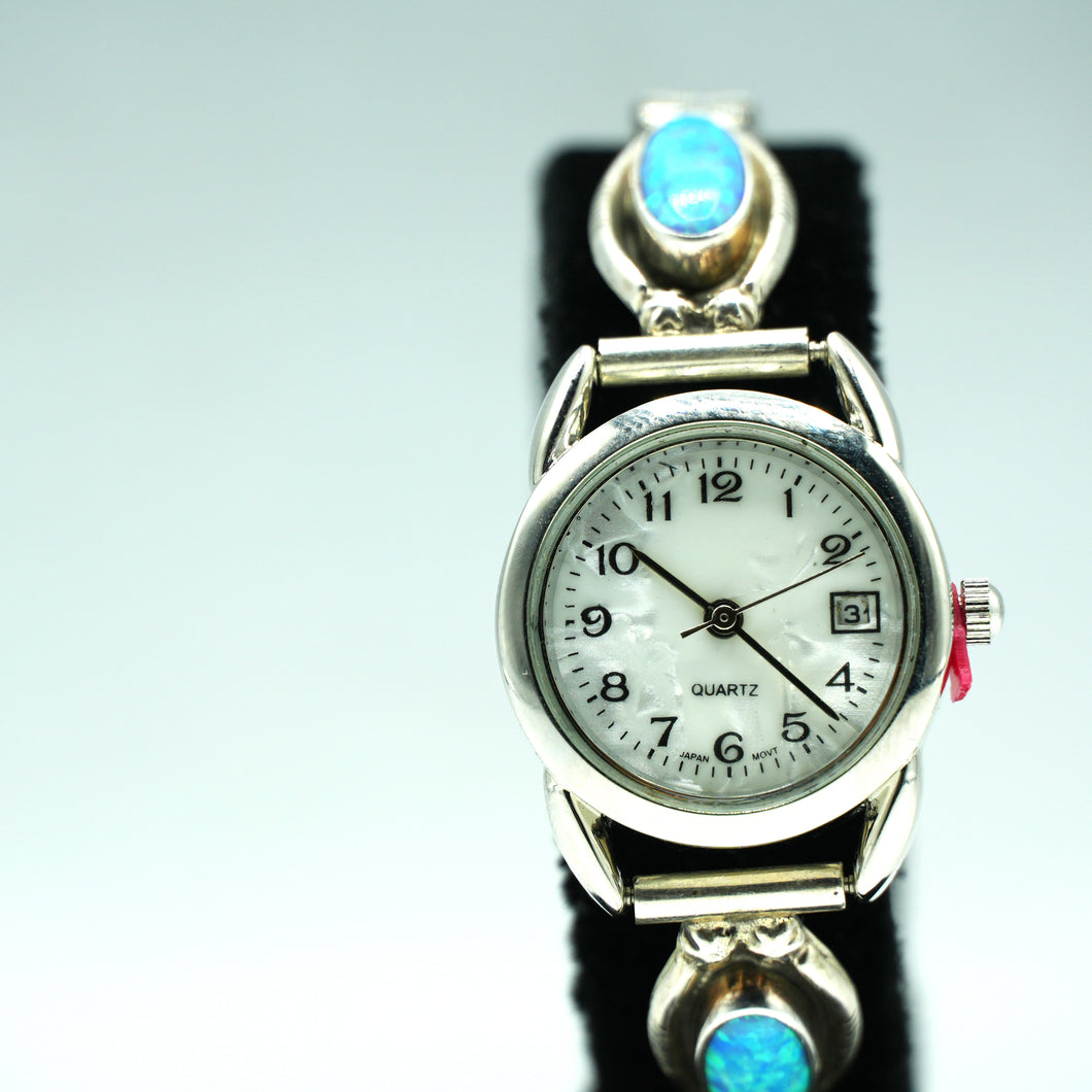 Navajo Sterling Silver Watch with Mother of Pearl Face and synthesized opal  – Handcrafted Sterling Silver
