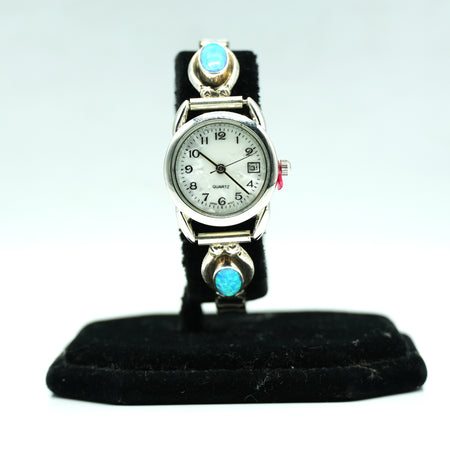 Navajo Sterling Silver Watch with Mother of Pearl Face and synthesized opal  – Handcrafted Sterling Silver