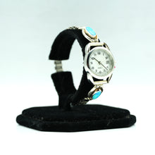Load image into Gallery viewer, Navajo Sterling Silver Watch with Mother of Pearl Face and synthesized opal  – Handcrafted Sterling Silver
