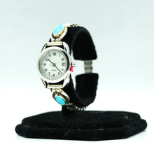 Load image into Gallery viewer, Navajo Sterling Silver Watch with Mother of Pearl Face and synthesized opal  – Handcrafted Sterling Silver
