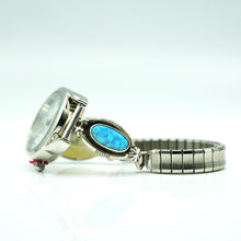Load image into Gallery viewer, Navajo Sterling Silver Watch with Mother of Pearl Face and synthesized opal  – Handcrafted Sterling Silver
