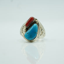 Load image into Gallery viewer, Navajo Turquoise and Coral Ring in Sterling Silver
